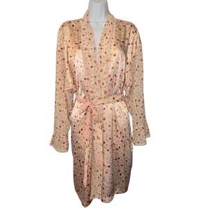 Oscar‎ de la Renta Pink Label Satin Romantic Robe Sheer Panels Boudoir Floral